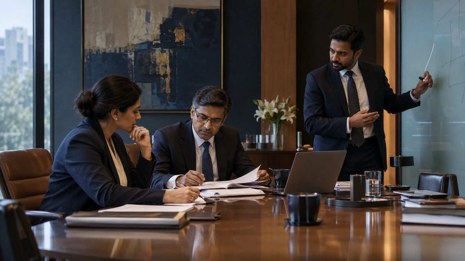 Law Wallet counsel presenting legal strategy to colleagues in the firm's boardroom